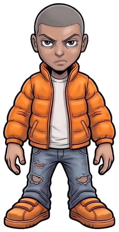 Acro — muralist in an orange puffer jacket